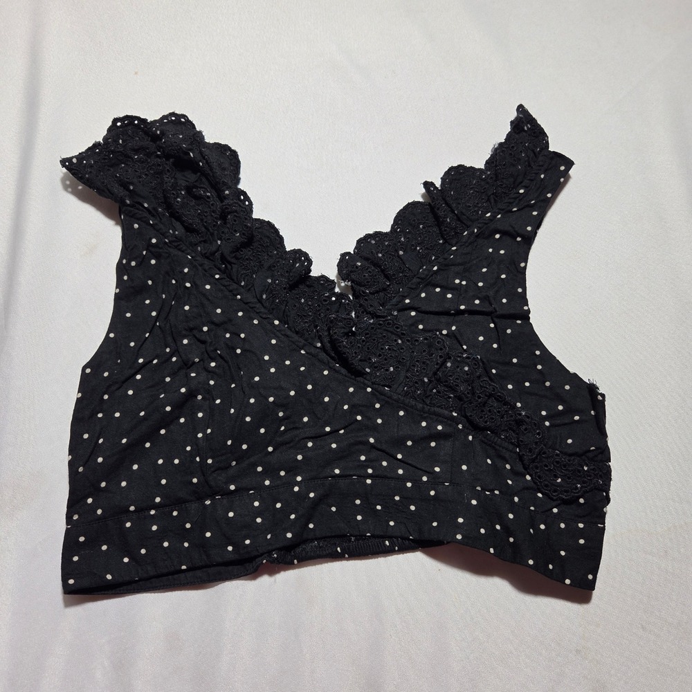 American Eagle Polka Dot Eyelet Lace‎ Wrap Crop Top Black White Medium Coquette